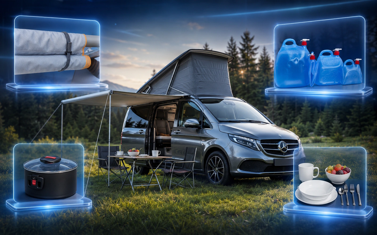 Mercedes-Benz Marco Polo Camper mit Aufstelldach auf einer Waldlichtung, umgeben von Camping-Zubehör wie Geschirr, Wassertanks, Kochtopf und Markisen-Zubehör.